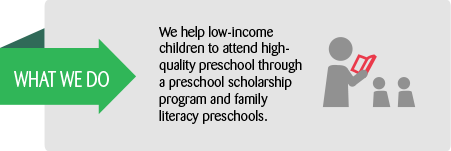 What we do: We help low-income children to attend high-quality preschool through a preschool scholarship program and family literacy preschools.