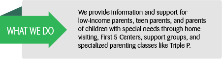 What We Do: We provide information and support for low-income parents, teen parents, and parents of children with special needs through home visiting, First 5 Centers, support groups, and specialized parenting classes like Triple P.