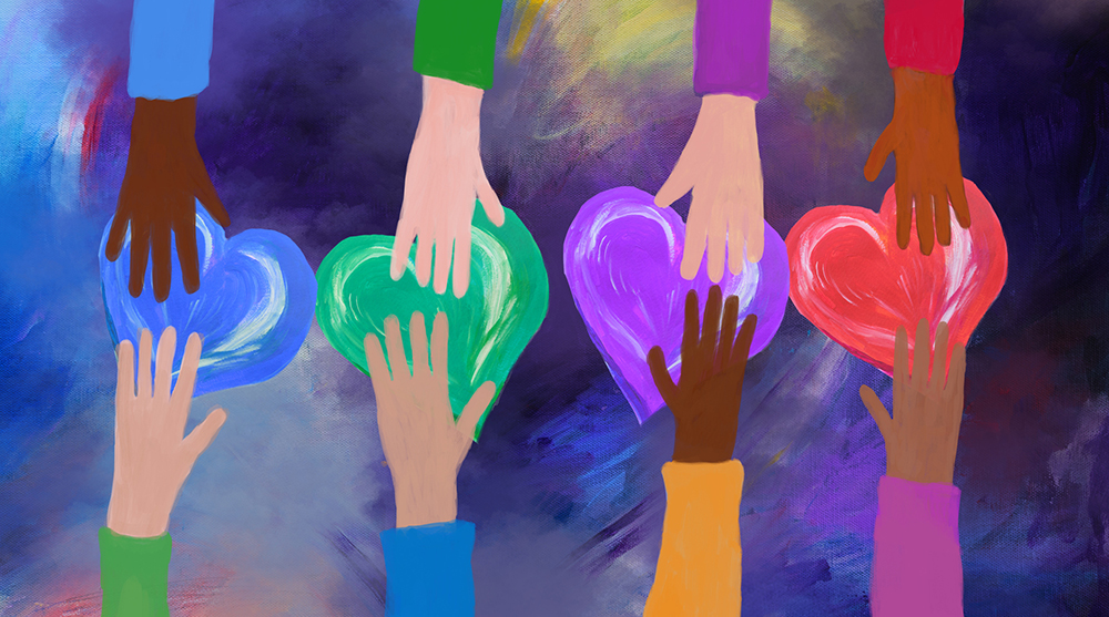Hands giving and receiving colorful hearts. Concept of love and care. friendship, charity and volunteering. Acrylic and Mixed media. 