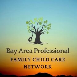 Logo with a tree, green leaves, and a tire swing above the words Bay Area Professional Family Child Care Network against a sunset sky background with dark hills.