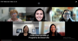 Screenshot of a virtual meeting with five women smiling on screen, each in their own video box. Text at the bottom says, Hola y bienvenidas al Programa de Desarrollo. Windows activation watermark visible.
