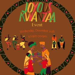 Cartel ilustrado de un acto de Kwanzaa con colores vivos. Una familia enciende una kinara, hay bailarines y percusionistas actuando, y el texto reza: «Acto festivo de Kwanzaa, miércoles 20 de diciembre, de 17:00 a 19:00», sobre un fondo marrón estampado.