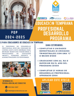 Flyer in Spanish promoting an Early Childhood Professional Development Program (PDP) for 2024-2025, with details on stipends, program requirements, and application information. Includes logos and contact details.