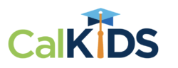 The CalKIDS logo features Cal in green and KIDS in blue, with a blue graduation cap over the I, and an orange tassel running down the letter.