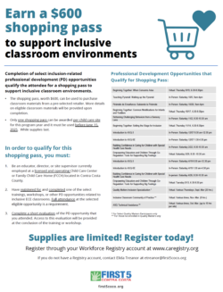 Flyer titled $600 shopping pass to support inclusive classroom environments with steps to qualify, a list of training opportunities, and contact information. Blue and green text with a shopping cart graphic and First 5 Contra Costa logo.