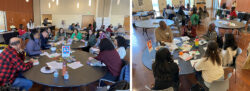Two groups of people sit around large round tables in a bright room, engaged in discussion with papers, notebooks, and drinks in front of them. Other attendees are visible in the background at different tables.