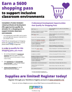 Flyer promoting a $600 shopping pass for inclusive classroom environment supplies. Lists qualifying professional development courses, eligibility criteria, registration details, and contact info. Purple and white design with shopping bag graphic.