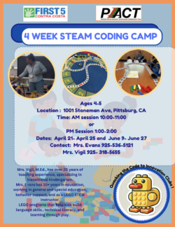 Folleto de un campamento de programación STEAM de 4 semanas para niños de 4 a 5 años en Pittsburg, California. Incluye fotos de niños y robots, detalles del campamento, información de contacto y logotipos de los patrocinadores. Se muestran engranajes decorativos y una ilustración de un pato de LEGO.