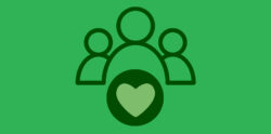 Three outlined human figures are shown above a heart symbol inside a circle, all in dark green on a light green background, representing community or care.