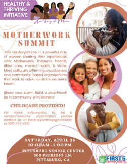 Flyer for a Motherwork Summit featuring images of happy Black women and children. Event details include date, time, location, free childcare, and contact info, promoting support for Black mothers health and well-being.