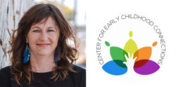 A woman with wavy brown hair smiles next to the Center for Early Childhood Connections logo, which features colorful overlapping leaves and a white hand in the center.