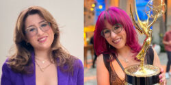 Two side-by-side photos of a woman with glasses and wavy hair, one with light brown hair in a purple blazer, the other with bright pink hair holding a large Emmy award and smiling.