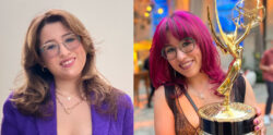 Two photos side by side: On the left, a woman with wavy brown hair and glasses smiles in a purple jacket. On the right, she has bright pink hair, same glasses, and holds a large gold Emmy Award, smiling at the camera.