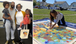 A family of four poses indoors on the left; on the right, a woman outdoors creates colorful handprints on a large canvas at a community event.