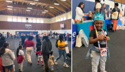 A community event in a gym; families gather near tables (left). A smiling young girl wearing a blue crown and Minnie Mouse purse stands by informational booths (right).