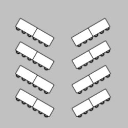 Six pairs of rectangular tables, each pair arranged at an angle in a V shape, placed parallel to each other on a gray background.