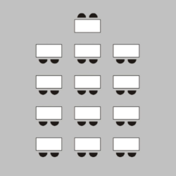Diagram showing 7 rows of paired tables and chairs, arranged in a staggered, arrow-like formation, on a gray background.