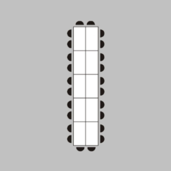 A long rectangular table with 10 chairs on each side and none at the ends, shown from above on a gray background.