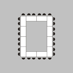 A rectangle of white rectangles forms a box shape, with small black semicircles evenly spaced along the outside edge of the rectangle, all on a gray background.