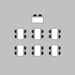 Diagram of seven tables, each with four chairs, arranged in two rows of three and one table at the top center with two chairs, on a gray background.
