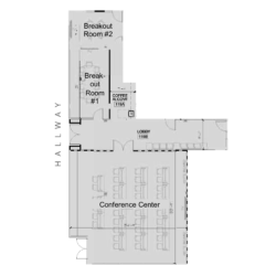 Floor plan showing a conference center, lobby, coffee alcove, breakout rooms #1 and #2, and a hallway on the left side of the layout.