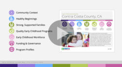 A presentation slide shows seven icons with labels for early childhood programs and a preview of a map for Contra Costa County, CA, with images of children and descriptive text.
