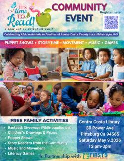 Flyer for a community event with children and adults playing. Text includes event details, activities like puppet shows and storytime, and info on location, date, and time at Contra Costa Library, Pittsburg, CA, May 9, 2026, 12–3pm.