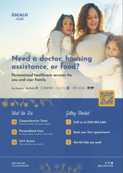 A woman holds a young girl while another girl stands beside her, all smiling. The flyer offers healthcare services, including doctor, housing, and food assistance, and contact information for Zócalo Health.