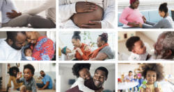 A collage of families and pregnant women, showing moments of pregnancy, parent-child bonding, playtime, and joyful interactions between children, parents, and grandparents in warm, home settings.