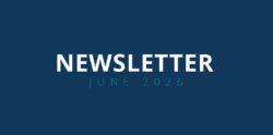 Dark blue background with the word NEWSLETTER in large white text and JUNE 2026 in smaller teal text centered below it.
