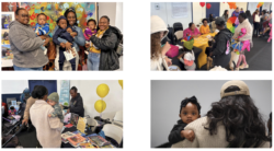A community event with families and children enjoying books, games, and activities at colorful tables. One photo shows a baby looking at the camera while held by an adult.