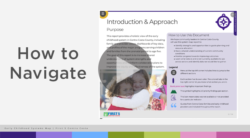 Captura de pantalla de un documento digital en la que se muestra el texto «Introducción y enfoque», una leyenda y una guía sobre cómo navegar por el documento. Un botón de reproducción se superpone a una imagen de dos niños abrazándose, con el texto «Cómo navegar» en letras grandes a la izquierda.