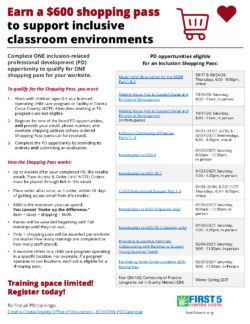 Flyer announcing a $600 shopping pass for educators completing inclusion-related professional development, with workshop dates listed and a reminder about limited training space. Includes First 5 Contra Costa logo.