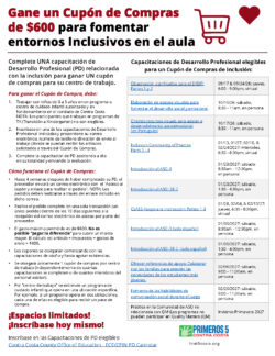 Flyer in Spanish offering a $600 shopping coupon for completing professional development on inclusive environments. Includes eligibility steps, course list, registration info, and contact details. Title in red; main text in black.