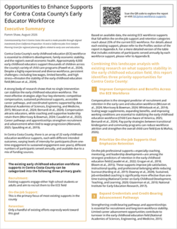 Image of a report titled Opportunities to Enhance Supports for Contra Costa Countys Early Educator Workforce, with highlighted sections, text, headers, a QR code, and bullet-pointed recommendations for improving workforce support.