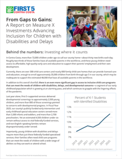 Report page with text, a photo of three children and an adult playing, a pie chart showing a rise in K-1 students with disabilities, and graphics of children reading and playing. Title: From Gaps to Gains: A Report on Measure X Investments..