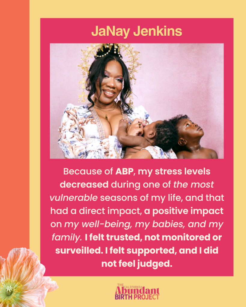 A smiling woman in a floral dress and golden crown holds two young children, all looking happy. Text describes her positive experience with the Abundant Birth Project, highlighting reduced stress and feeling supported.