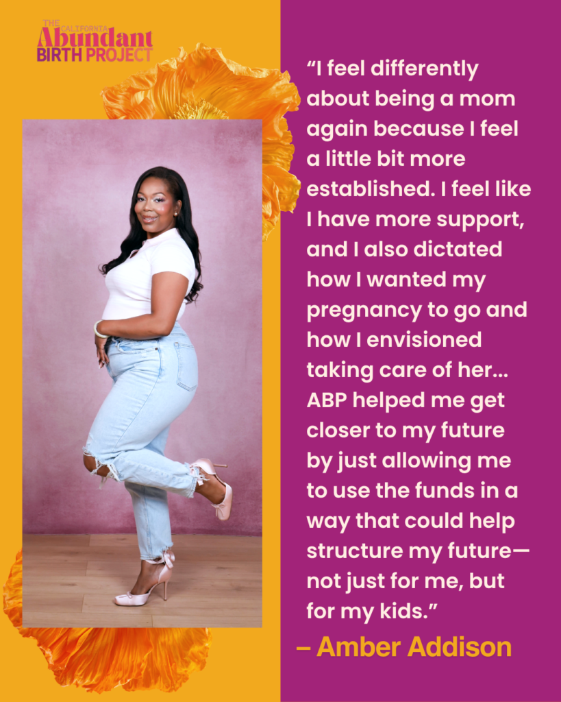 A smiling woman in a white top and light blue jeans stands posing against a purple background with an orange flower. A quote beside her shares her positive experience with the Abundant Birth Project.