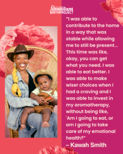 A smiling woman in a cowboy hat sits on a wicker chair, holding a baby on her lap. Both wear hats. A pink background with a floral border frames a quote about wellness and motherhood by Kawah Smith.