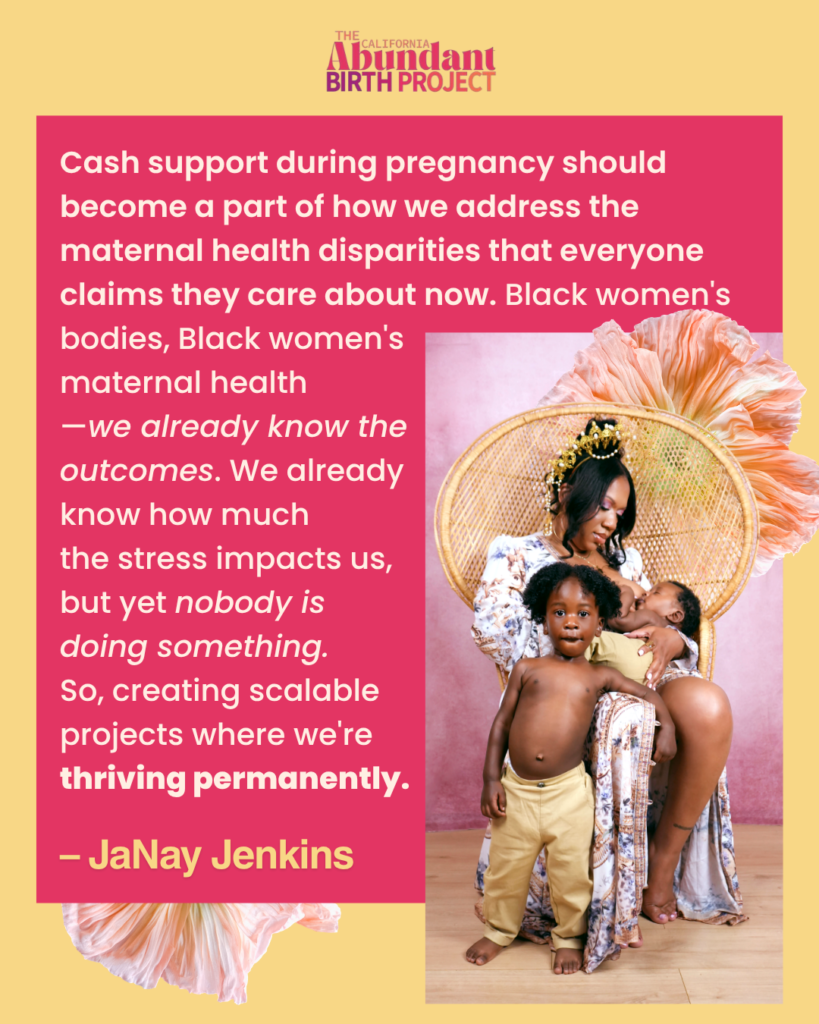 A Black woman wearing a floral robe hugs a young child while another child stands smiling in front; text discusses cash support for Black maternal health by the Abundant Birth Project.