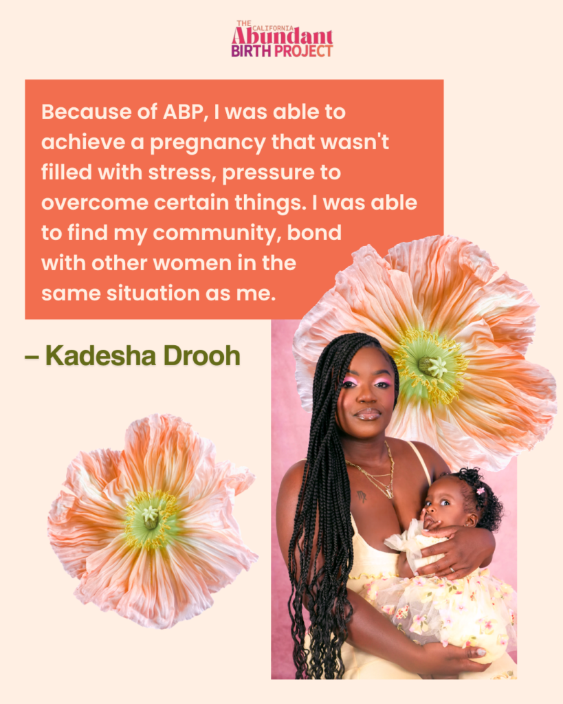 A woman holds a baby, both dressed in floral attire, with peach poppy flowers around them. A quote praises ABP for stress-free pregnancy and community bonding. The Abundant Birth Project logo is at the top.