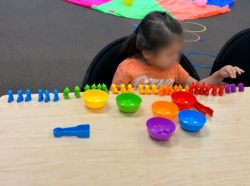 A child sits at a table, sorting colorful bear-shaped counters into matching bowls. The bears and bowls are arranged by color: blue, green, yellow, orange, red, and purple. The childs face is blurred for privacy.