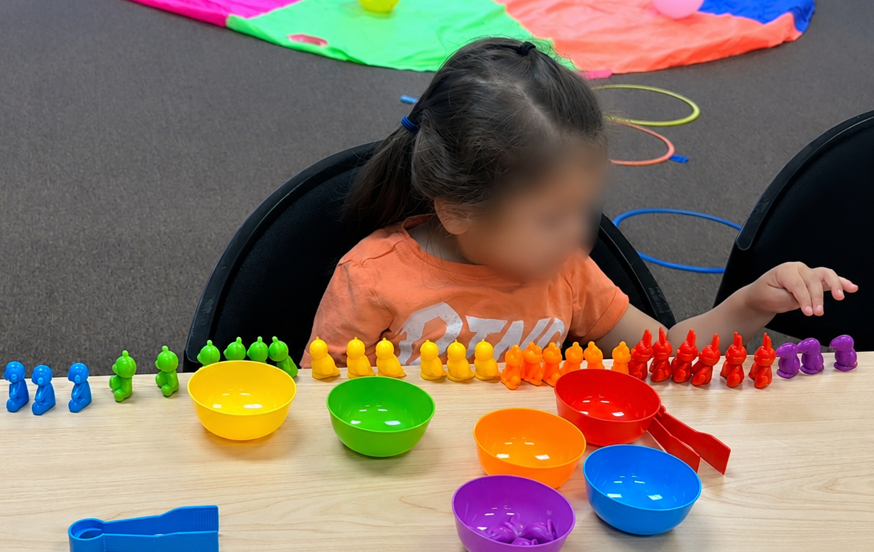 A child sits at a table sorting colorful plastic animals into bowls by color, with a sorting activity mat and hoops visible in the background.